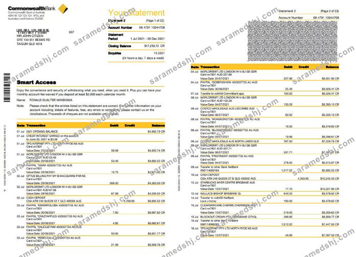 Australia Commonwealth bank statement template in Word and PDF format, 23 pages